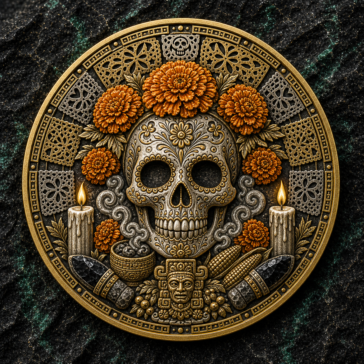 Medallón Día de Muertos con cempasúchil